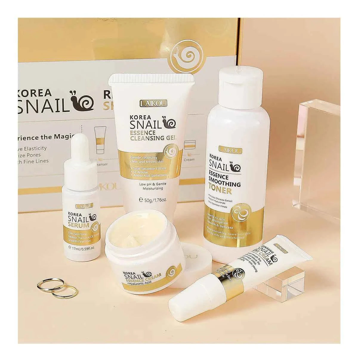 5pcs Boxed Korea Snail Skin Care Set Snail Face Cleanser Essence Cream Smoothing Toner Serum Repairing Eye Cream Collagen Set