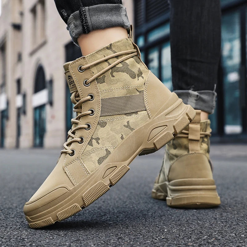 Military Boots for Men Autumn High Top Camouflage Desert Casual Flats Mens Boot Breathable Non Slip Work Shoes Zapatillas Hombre by PETAL & GLOW