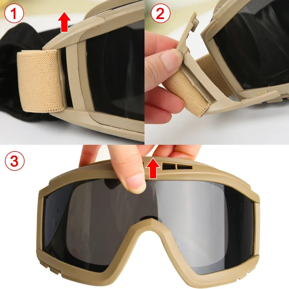 New Airsoft Tactical Goggles 3 Lens Windproof Dustproof Shooting Motocross Motorcycle Mountaineering Glasses CS Safe Protection by PETAL & GLOW