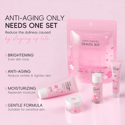 LAIKOU Japan Sakura Travel Kit 4PCS Hydrating Skincare Set Sunscreen Moisturizer Mini Set TSA Approved Travel Essentials by PETAL & GLOW