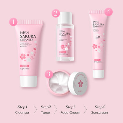 LAIKOU Japan Sakura Travel Kit 4PCS Hydrating Skincare Set Sunscreen Moisturizer Mini Set TSA Approved Travel Essentials by PETAL & GLOW