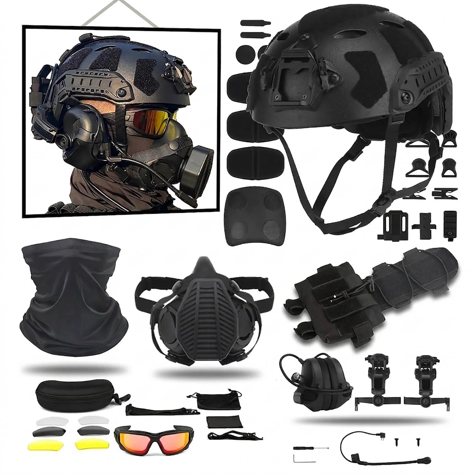 Tactical Helmet Set with Mask Goggles & Headset, Full Face Fast Helmet for Airsoft Paintball Shooting Gear, Military Cosplay by PETAL & GLOW