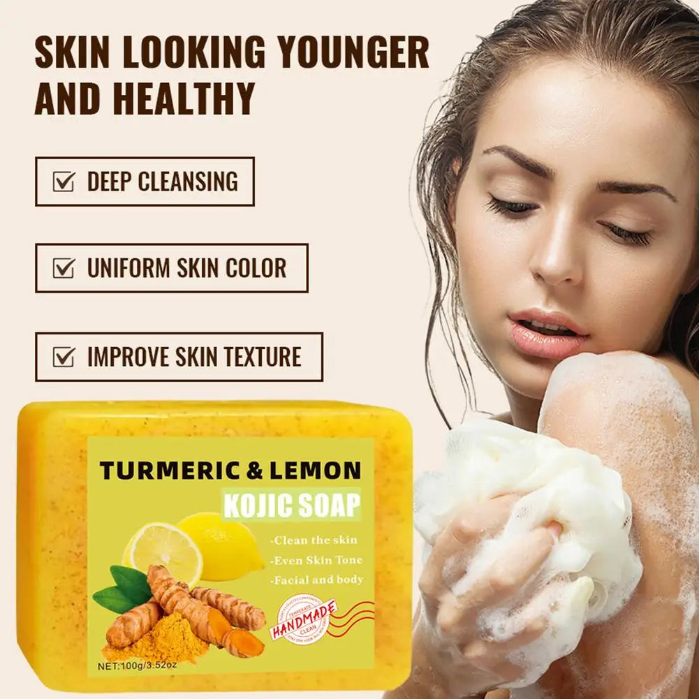 1/2PCs Lemon Turmeric Kojic Acid Soap Bar, Turmeric Soap Bar Brighten Even Skin Vitamin E, Gentle Lemon Soap For Face, Body Wash