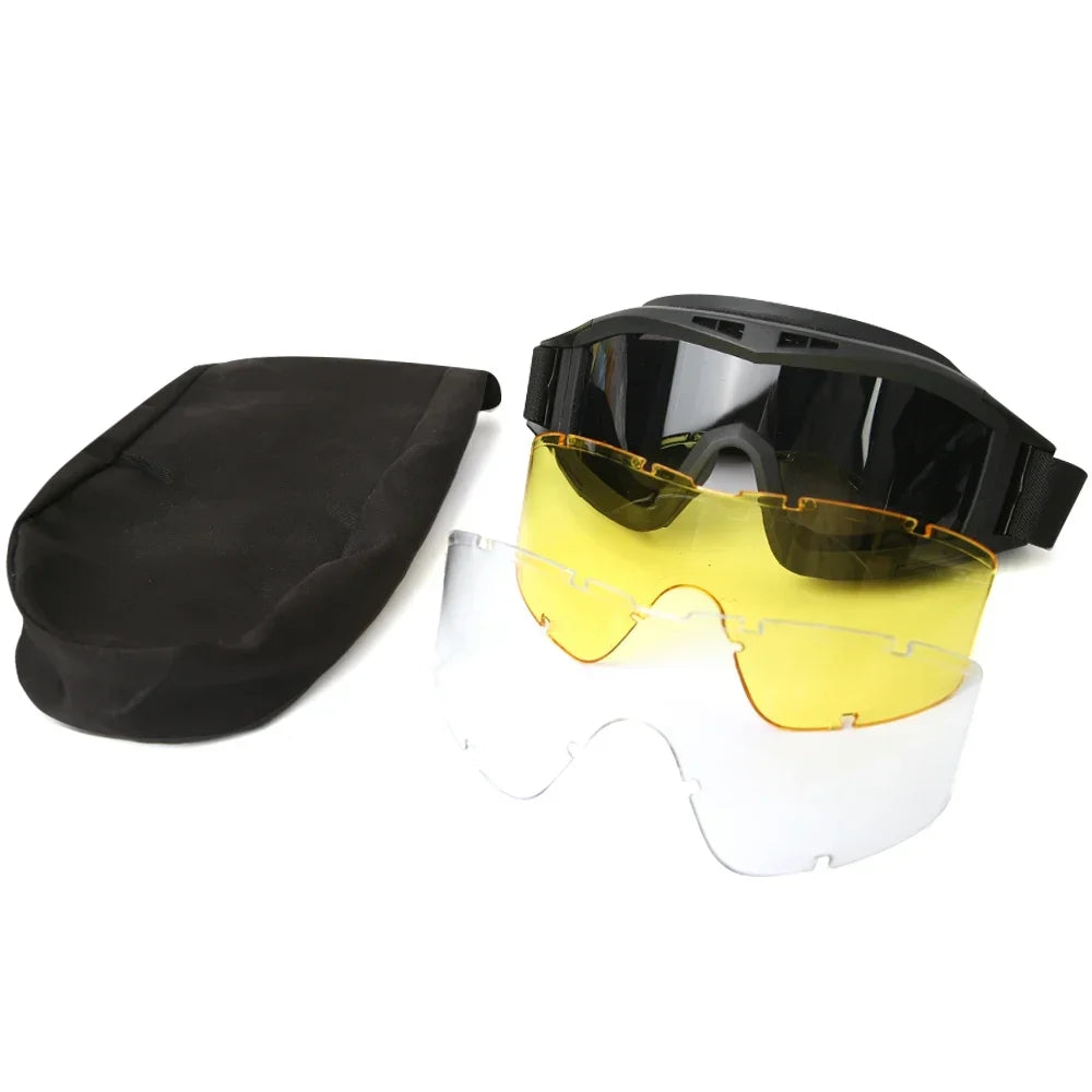 Tactical Goggles Mountaineering Shooting Sunglasses Windproof Sand Control Motocross CS Glasses 3 Lenses Replaceable Motorcycle by PETAL & GLOW