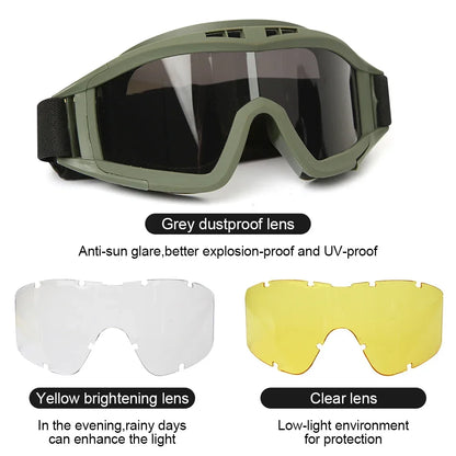Tactical Goggles Mountaineering Shooting Sunglasses Windproof Sand Control Motocross CS Glasses 3 Lenses Replaceable Motorcycle by PETAL & GLOW