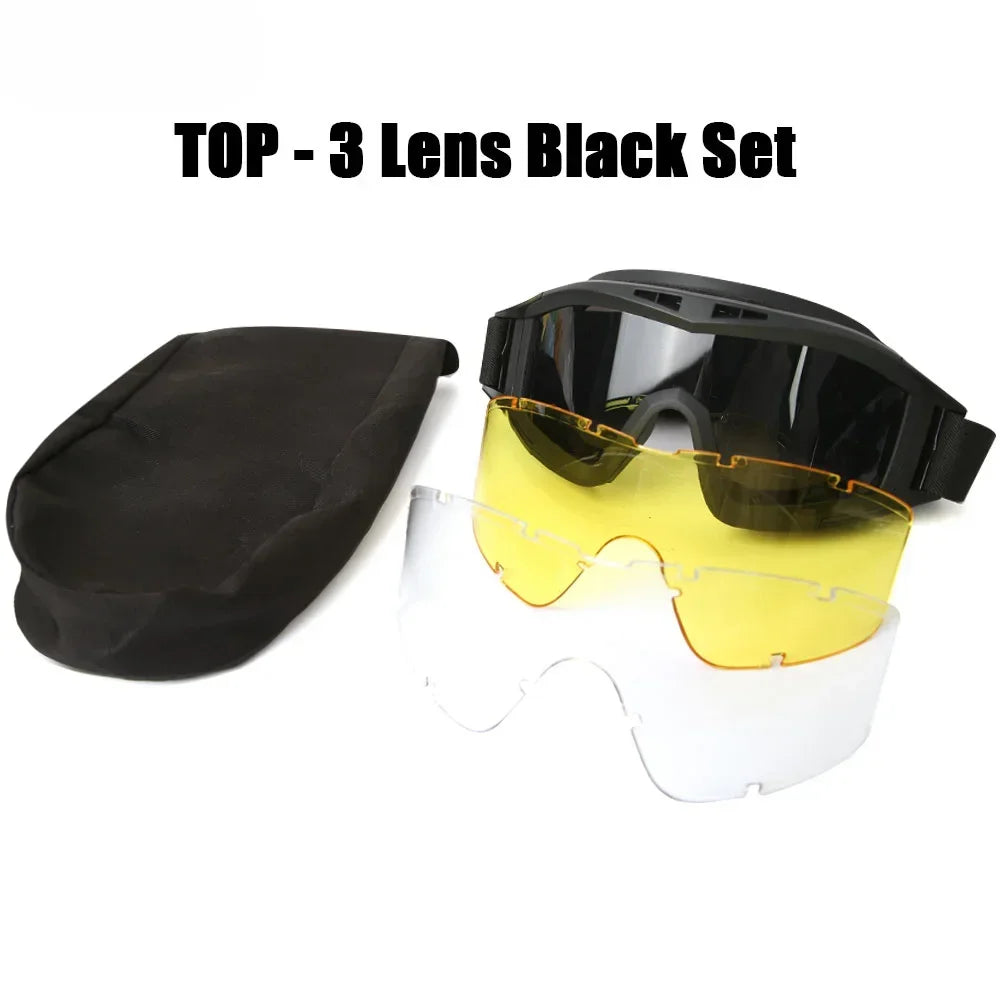 Tactical Goggles Mountaineering Shooting Sunglasses Windproof Sand Control Motocross CS Glasses 3 Lenses Replaceable Motorcycle by PETAL & GLOW