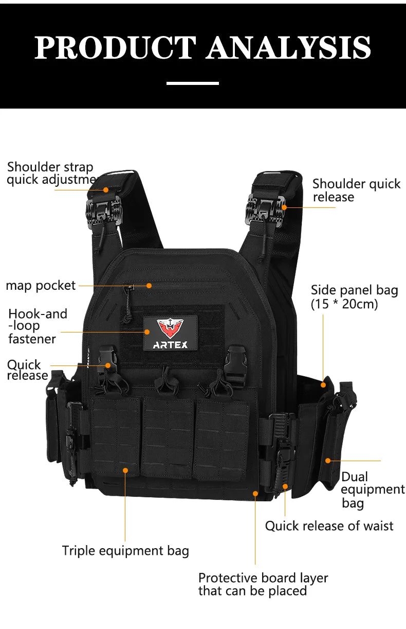 Artex New combat vest 6094 quick detachable light laser cut tactical vest black gear to carry airsoft carrier combat equipment by PETAL & GLOW