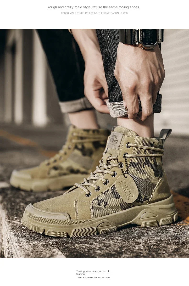 Military Boots for Men Autumn High Top Camouflage Desert Casual Flats Mens Boot Breathable Non Slip Work Shoes Zapatillas Hombre by PETAL & GLOW