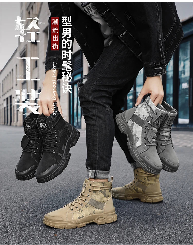 Military Boots for Men Autumn High Top Camouflage Desert Casual Flats Mens Boot Breathable Non Slip Work Shoes Zapatillas Hombre by PETAL & GLOW