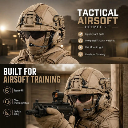 Airsoft Tactical Helmet Set with Headset, Rail LED Light and Mesh Cover, Lightweight FAST Helmet for Paintball Wargame by PETAL & GLOW