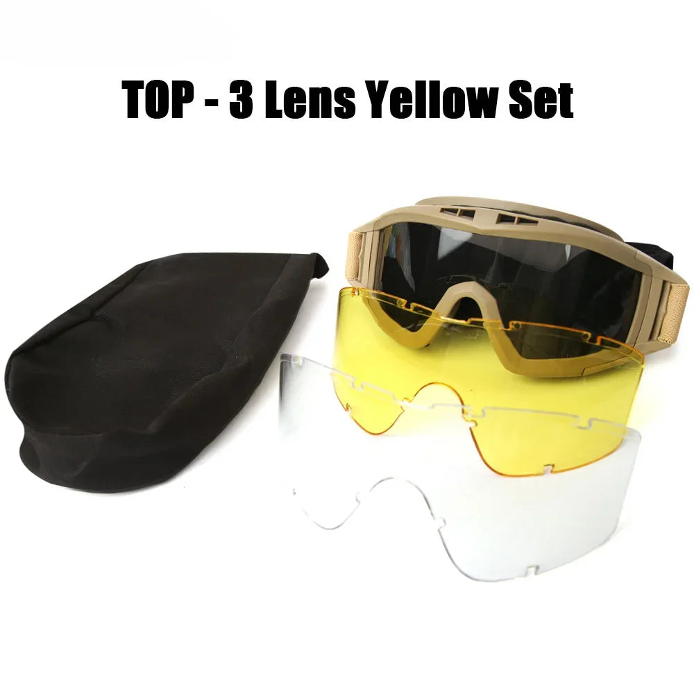 New Airsoft Tactical Goggles 3 Lens Windproof Dustproof Shooting Motocross Motorcycle Mountaineering Glasses CS Safe Protection by PETAL & GLOW