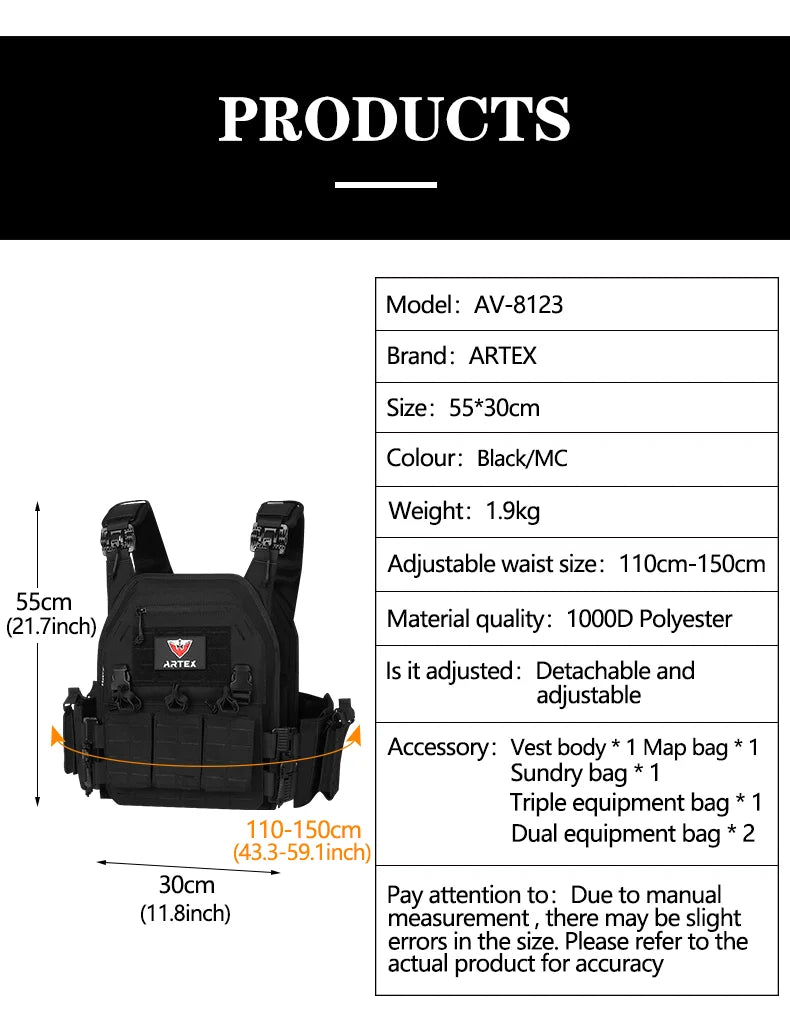 Artex New combat vest 6094 quick detachable light laser cut tactical vest black gear to carry airsoft carrier combat equipment by PETAL & GLOW