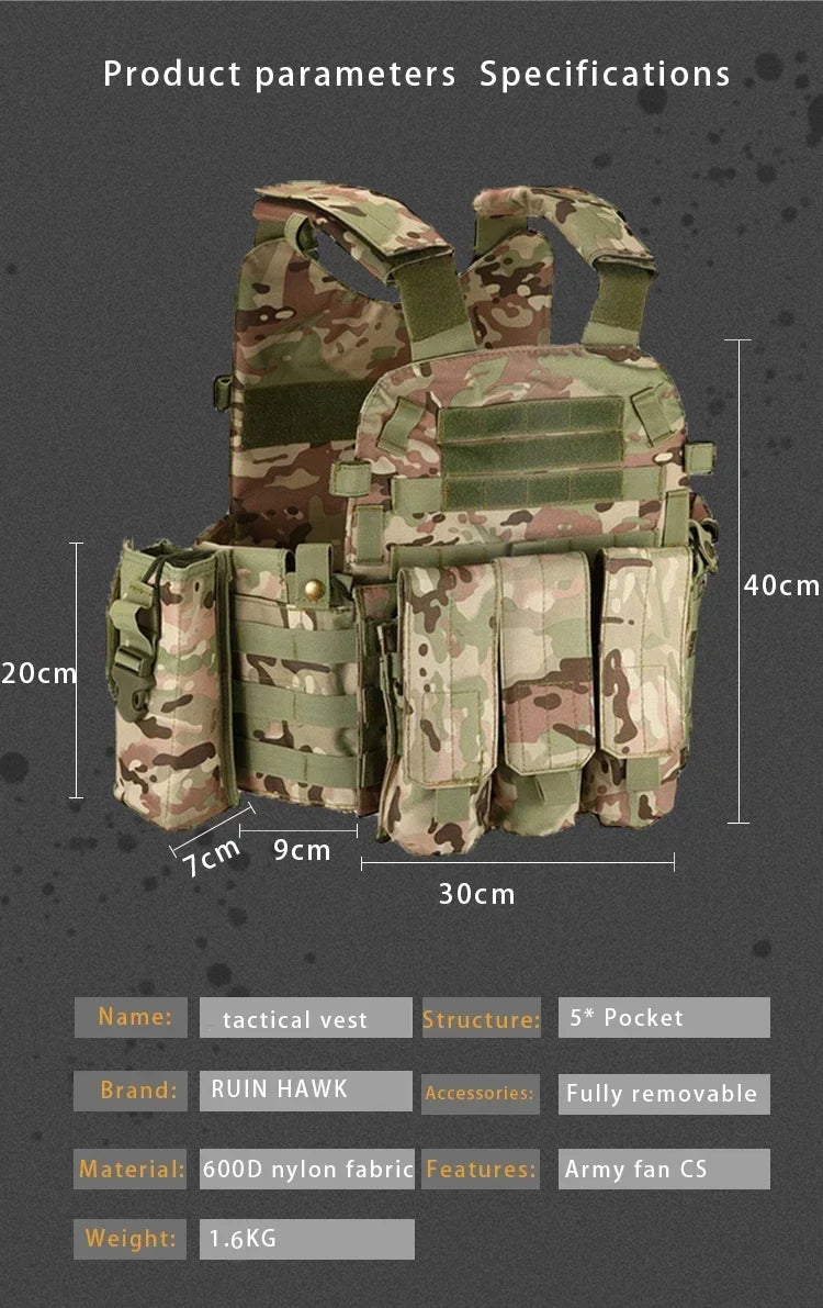 6094 Military Tactical Vest Body Armor Combat 1Army CS Gear Hunting Plate Carrier Airsoft Accessories Wargame Pouch Molle Vest by PETAL & GLOW