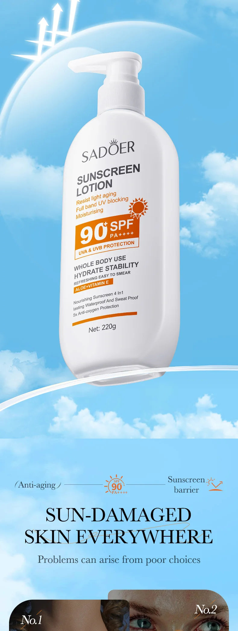 Lotion Solaire Pour Le Corps Et Le Visage, Super 220g, 50g Small bottle size, SPF 90 PA +++++, Utilisation Pour Tout Le Corps,
