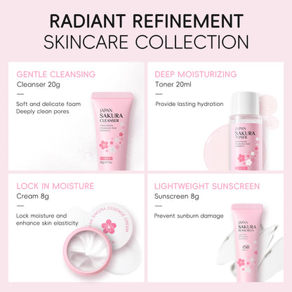 LAIKOU Japan Sakura Travel Kit 4PCS Hydrating Skincare Set Sunscreen Moisturizer Mini Set TSA Approved Travel Essentials by PETAL & GLOW