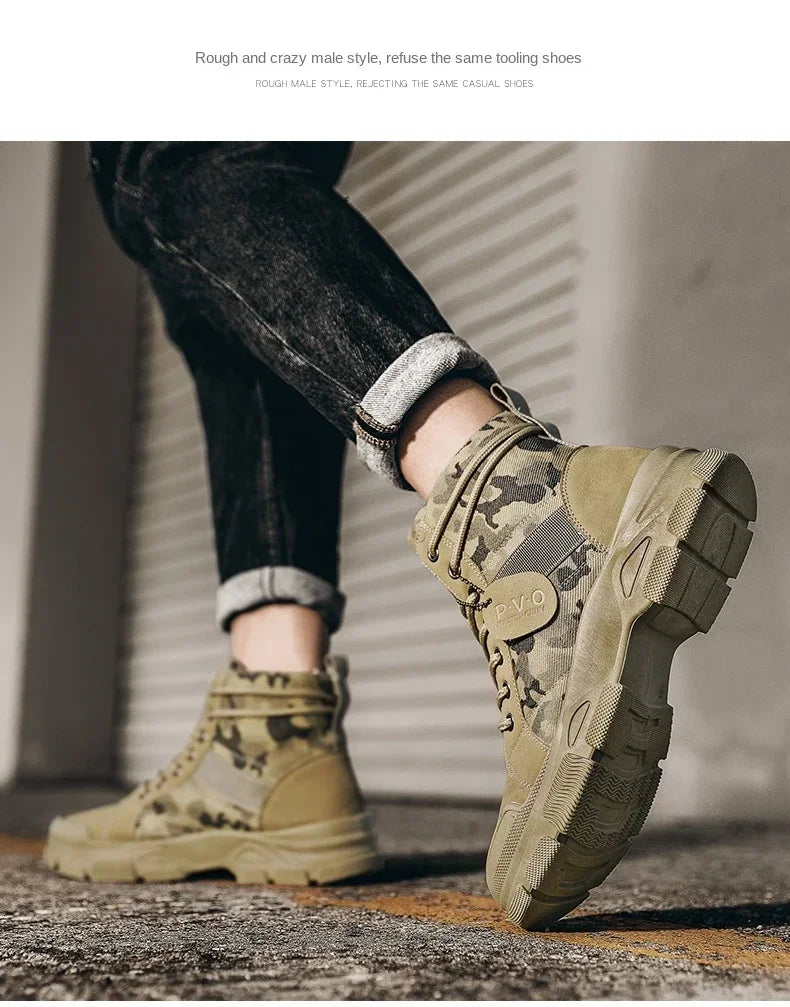 Military Boots for Men Autumn High Top Camouflage Desert Casual Flats Mens Boot Breathable Non Slip Work Shoes Zapatillas Hombre by PETAL & GLOW