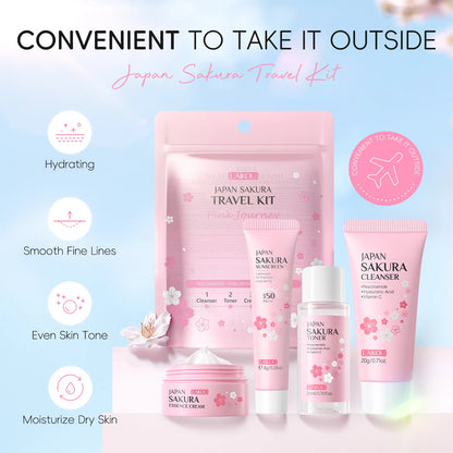 LAIKOU Japan Sakura Travel Kit 4PCS Hydrating Skincare Set Sunscreen Moisturizer Mini Set TSA Approved Travel Essentials by PETAL & GLOW