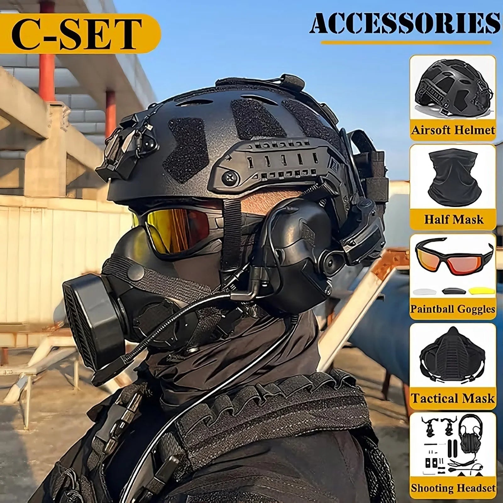 Tactical Helmet Set with Mask Goggles & Headset, Full Face Fast Helmet for Airsoft Paintball Shooting Gear, Military Cosplay by PETAL & GLOW