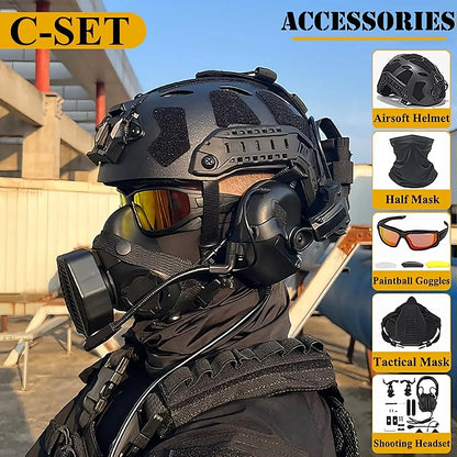 Tactical Helmet Set with Mask Goggles & Headset, Full Face Fast Helmet for Airsoft Paintball Shooting Gear, Military Cosplay by PETAL & GLOW
