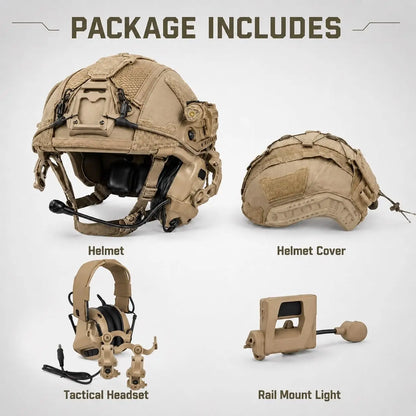 Airsoft Tactical Helmet Set with Headset, Rail LED Light and Mesh Cover, Lightweight FAST Helmet for Paintball Wargame by PETAL & GLOW